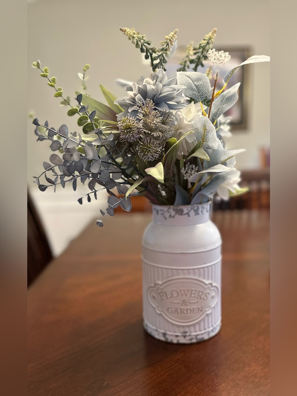 Rustic Faux Floral Arrangement in Distressed “Flowers & Garden” Metal Vase